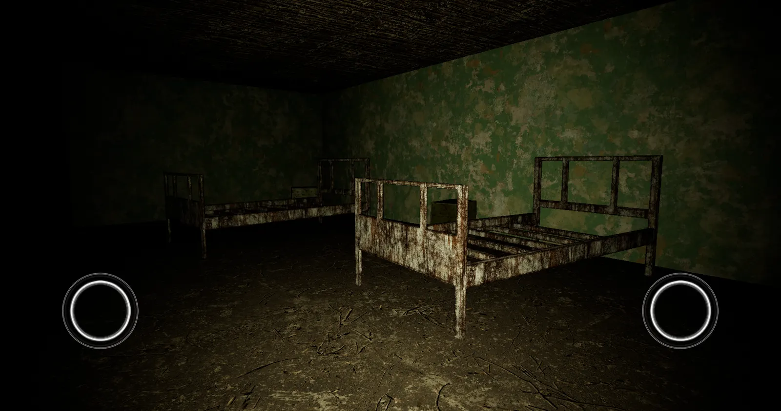 Dark dormitory with rusted beds